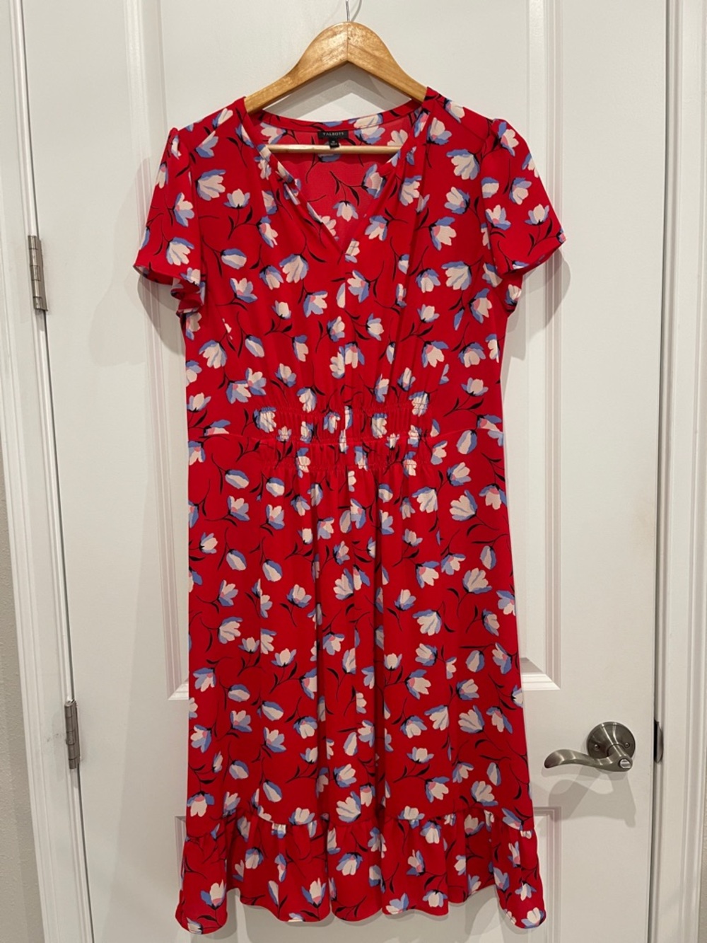 Talbots Red Floral Midi Dress with Short Sleeves